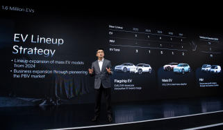 Kia CEO Ho Sung Song presenting brand's EV line-up strategy on stage